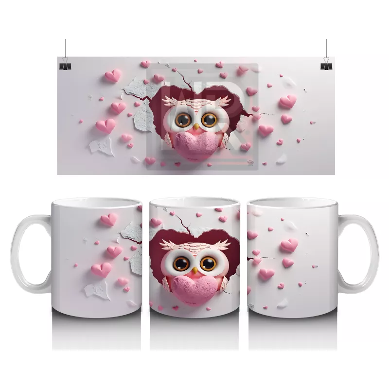 Pembe Kalp Yağmuru Altında Baykuş Maskotu – Baskılı Kahve Kupası