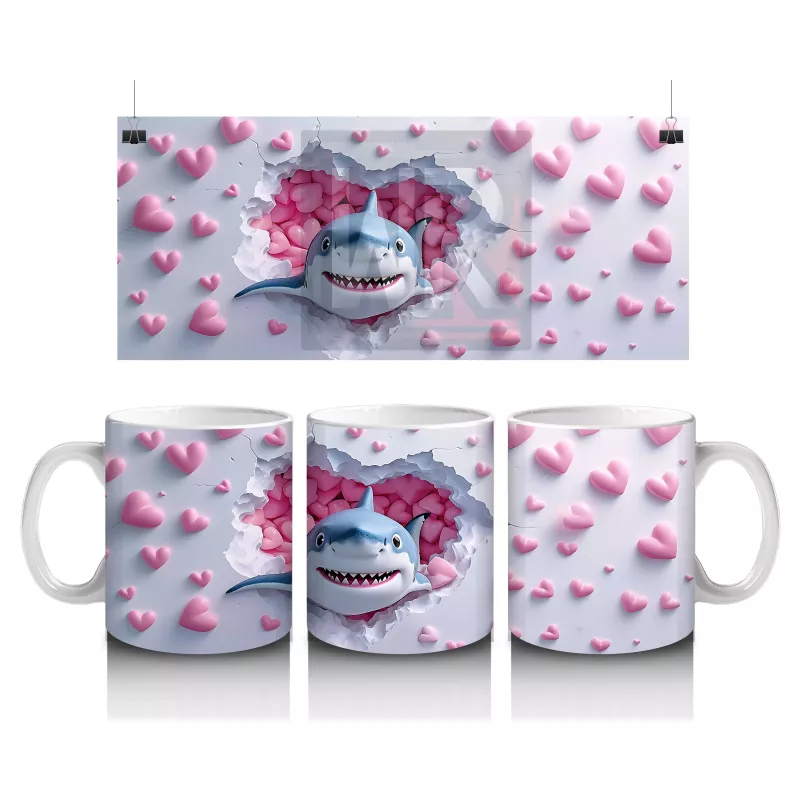 Pembe Kalpler Arasında Bakan Sevimli Köpek Balığı – Baskılı Kahve Kupası