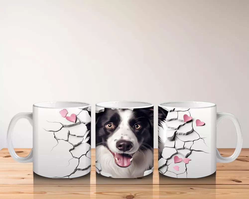 Pembe Kalpler Arasında Çatlağı Delip Bakan Border Collie - Baskılı kahve kupası - 5