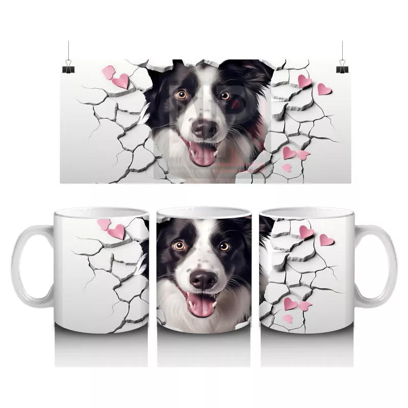 Pembe Kalpler Arasında Çatlağı Delip Bakan Border Collie - Baskılı kahve kupası