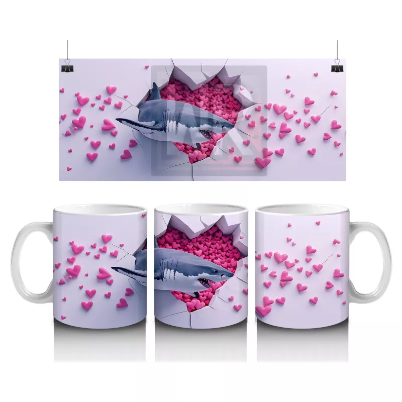 Pembe Kalpler Arasında Duvarı Delen Köpekbalığı – Baskılı Kahve Kupası