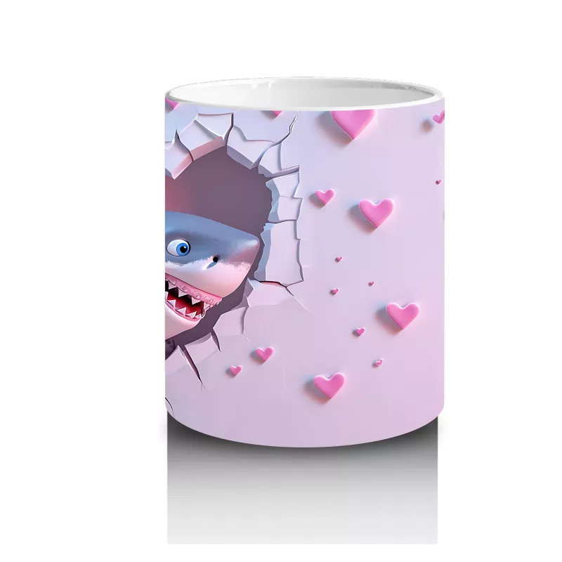 Pembe Kalpler Arasında Uçan Mavi Köpek Balığı – Baskılı Kahve Kupası - 3