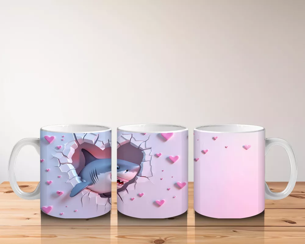 Pembe Kalpler Arasında Uçan Mavi Köpek Balığı – Baskılı Kahve Kupası - 5