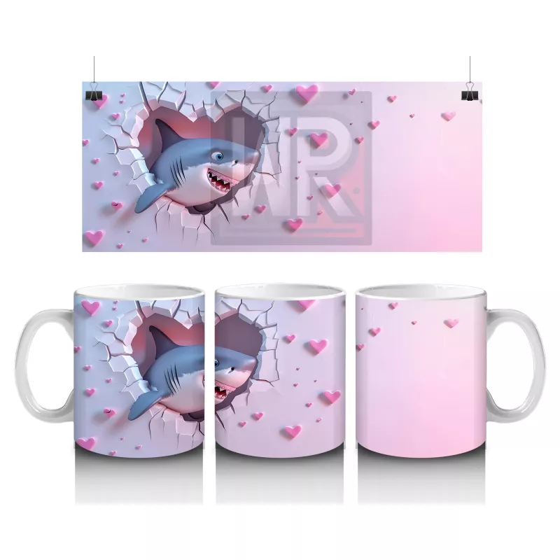 Pembe Kalpler Arasında Uçan Mavi Köpek Balığı – Baskılı Kahve Kupası