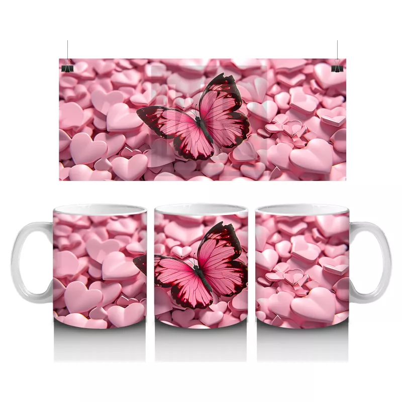 Pembe Kalpler Üzerinde Parlayan Kelebek – Baskılı Kahve Kupası