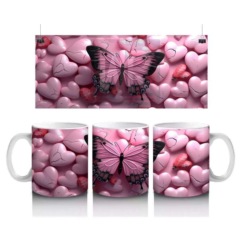 Pembe Kalpler Üzerinde Siyah Kelebek – Baskılı Kahve Kupası