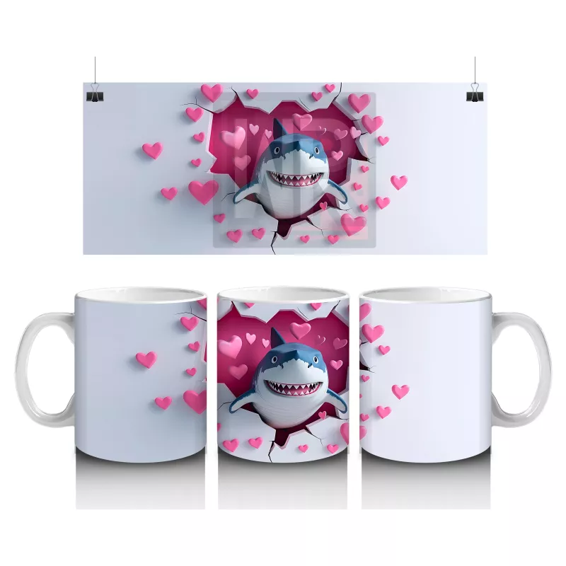 Pembe Kalpler Yağmurunda Neşeli Köpek Balığı – Baskılı Kahve Kupası