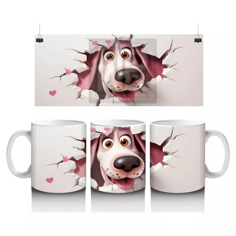 Pembe Kalplerle Çevrili Gülümseyen Karikatür Köpek - Baskılı kahve kupası