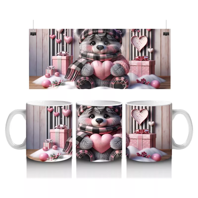 Pembe Kalplerle Süslenmiş Ayıcık – Baskılı Kahve Kupası