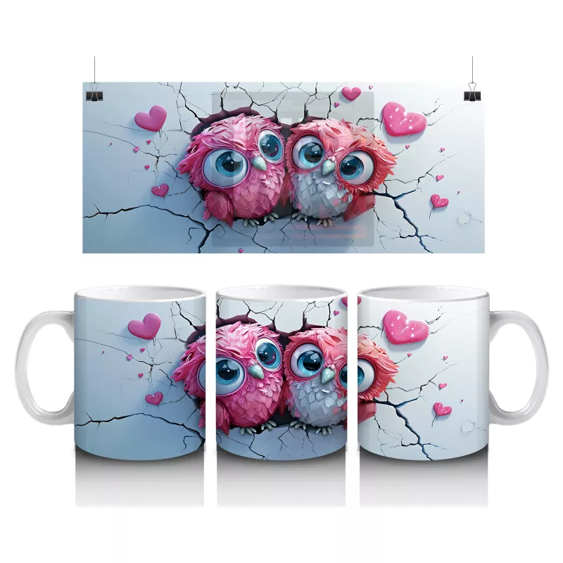 Pembe Kalplerle Süslenmiş Baykuşlar – Baskılı Kahve Kupası