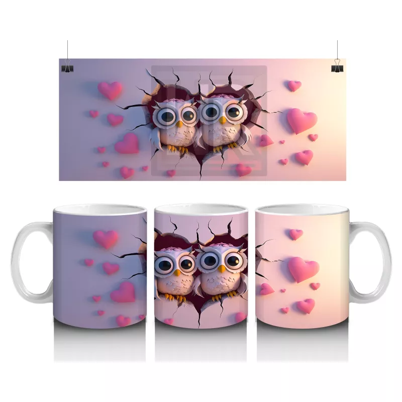 Pembe Kalplerle Süslenmiş Baykuşlar – Baskılı Kahve Kupası