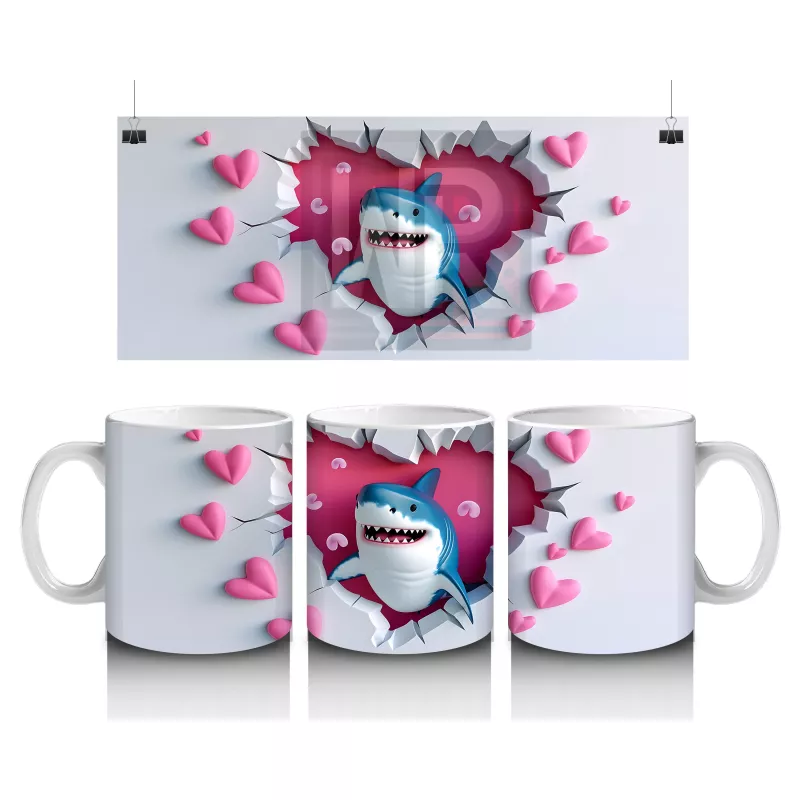 Pembe Kalplerle Süslenmiş Gülümseyen Köpekbalığı – Baskılı Kahve Kupası