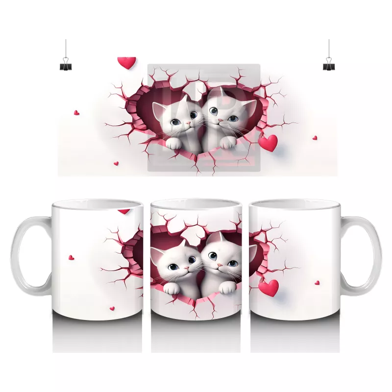 Pembe Kalplerle Süslenmiş İki Beyaz Kedi - Baskılı kahve kupası