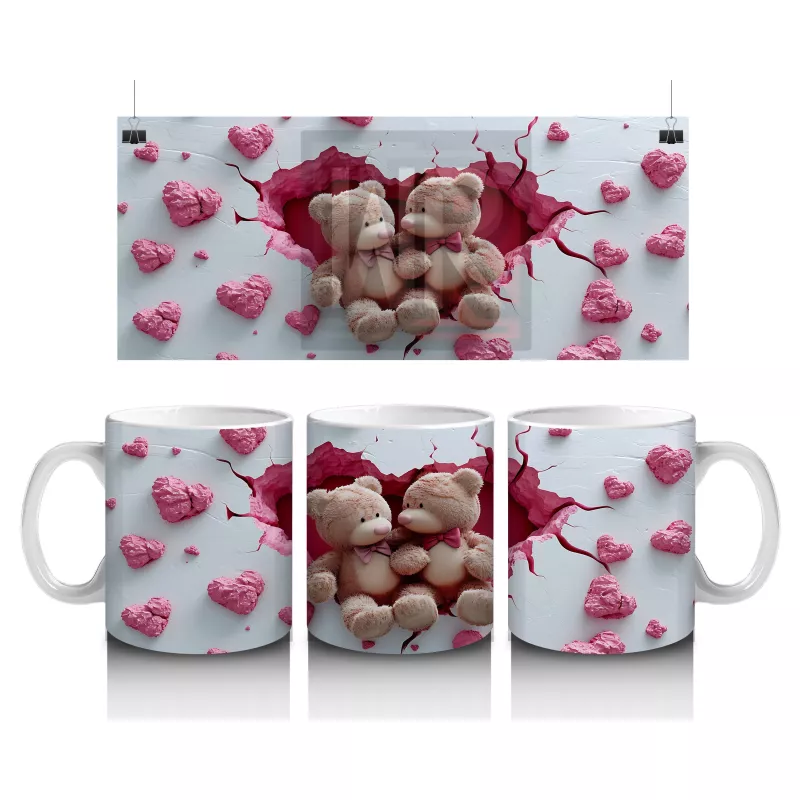 Pembe Kalplerle Süslenmiş Peluş Ayılar – Baskılı Kahve Kupası