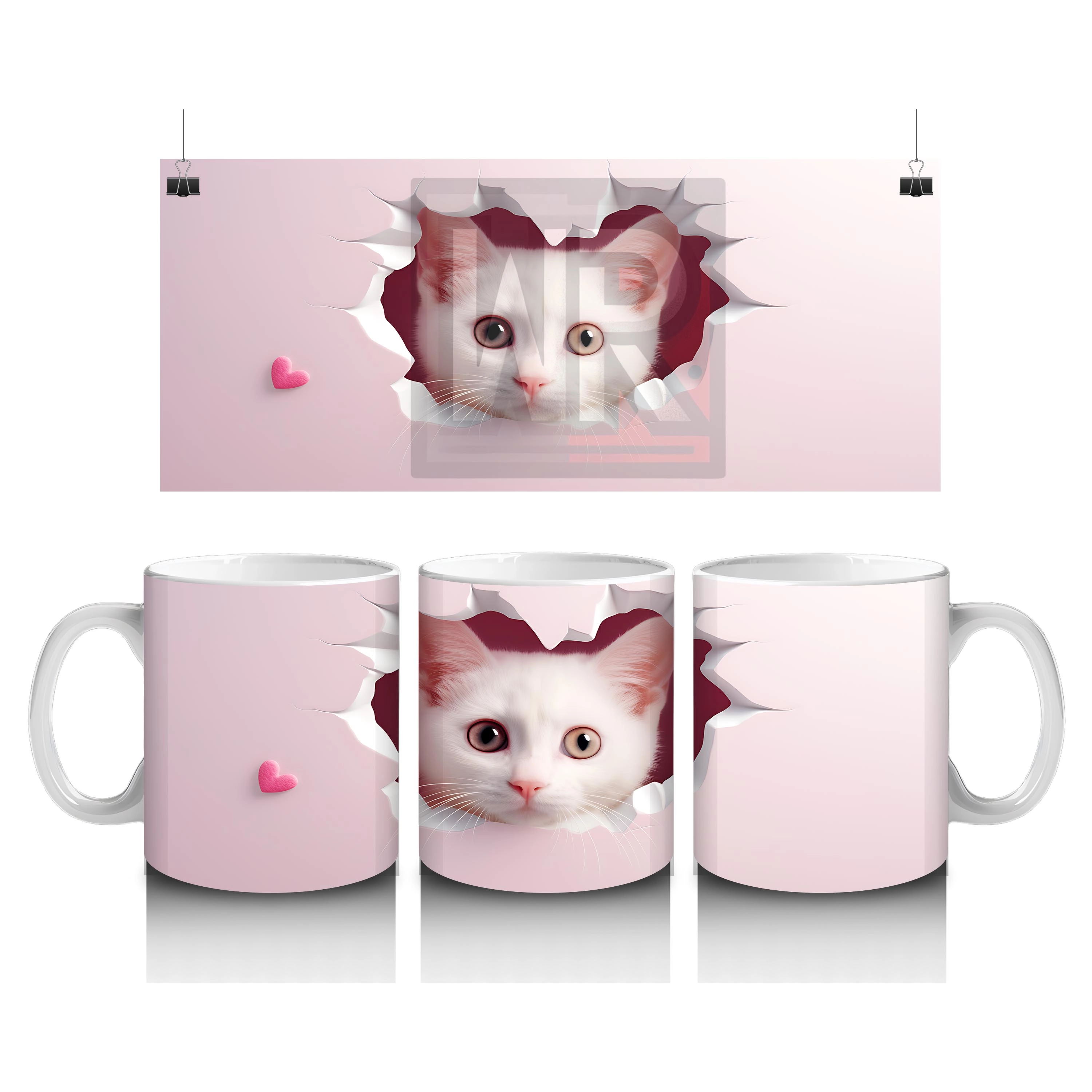 Pembe Kalplerle Süslenmiş Sevimli Kedi – Baskılı Kahve Kupası