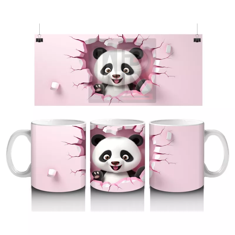 Pembe Kalplerle Süslenmiş Sevimli Panda Figürü - Baskılı kahve kupası
