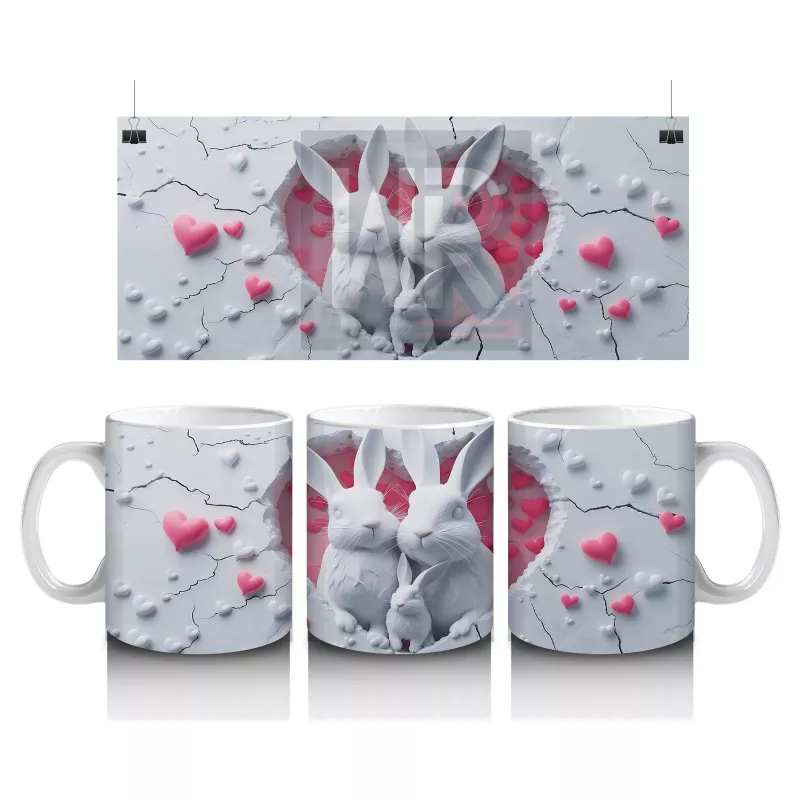 Pembe Kalplerle Süslenmiş Sevimli Tavşanlar – Baskılı Kahve Kupası