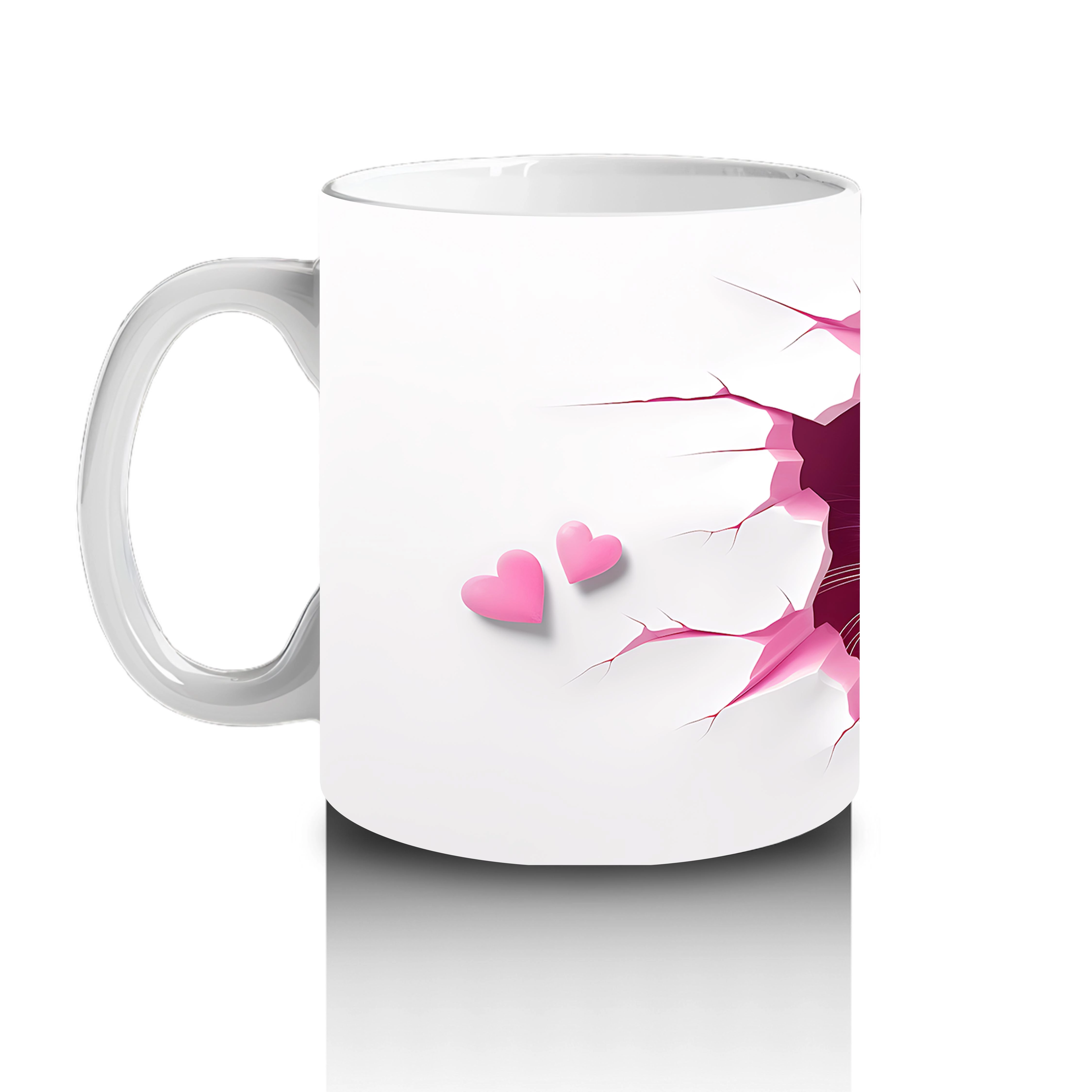 Pembe Kalplerle Süslenmiş Tatlı Kedi – Baskılı Kahve Kupası - 2