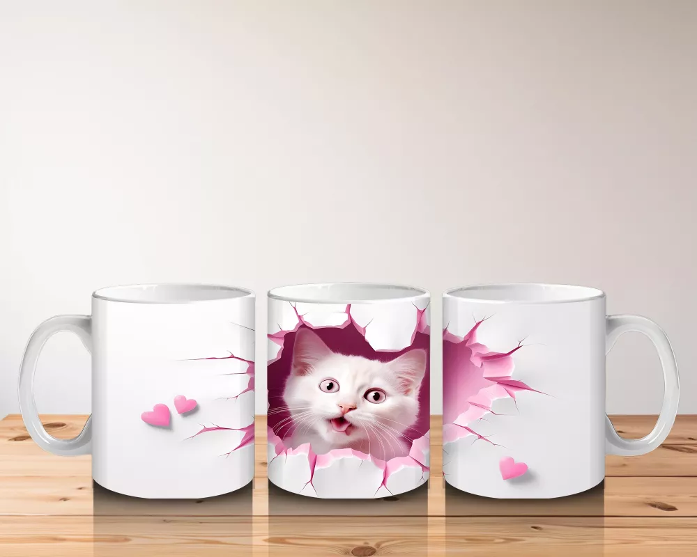 Pembe Kalplerle Süslenmiş Tatlı Kedi – Baskılı Kahve Kupası - 5