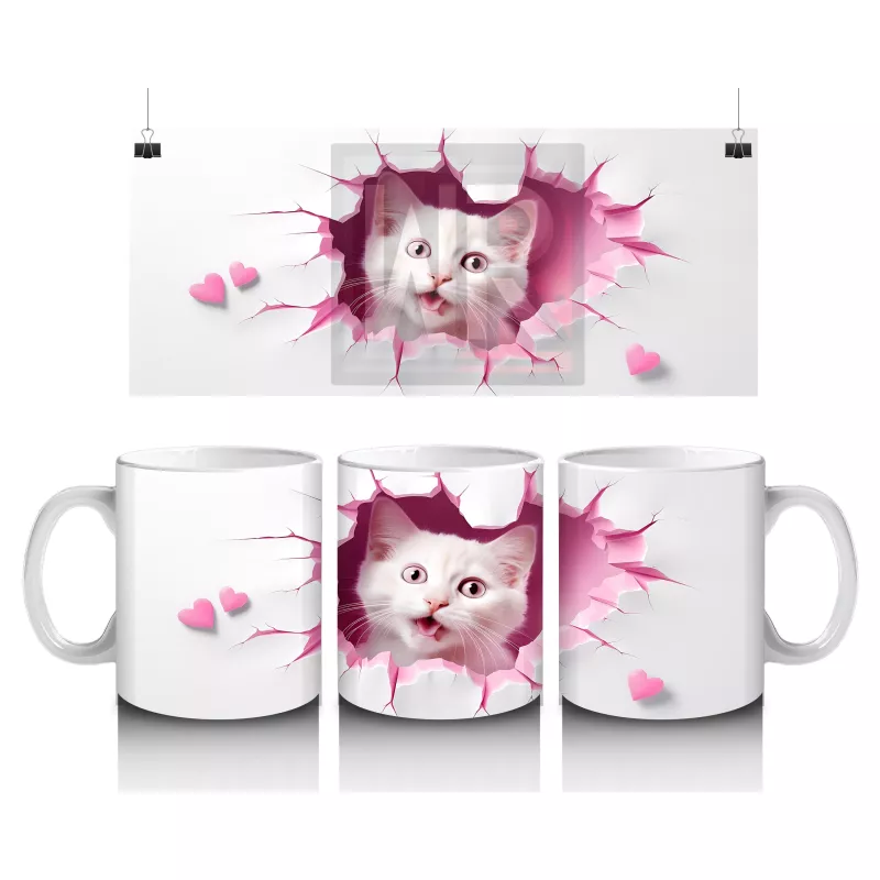 Pembe Kalplerle Süslenmiş Tatlı Kedi – Baskılı Kahve Kupası