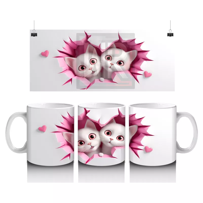 Pembe Kalplerle Süslenmiş Tatlı Kedi Çifti – Baskılı Kahve Kupası