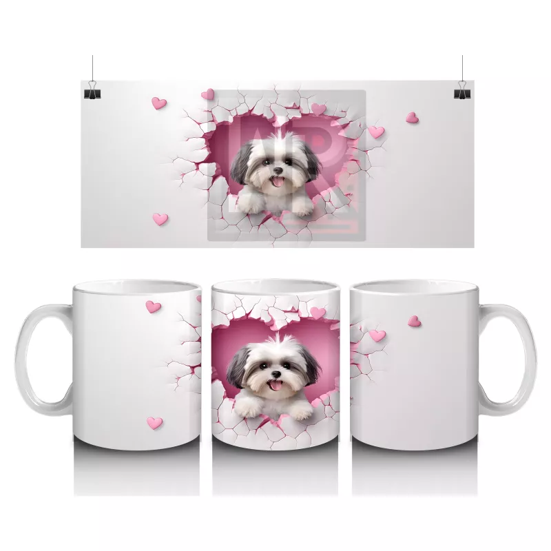 Pembe Kalplerle Süslenmiş Yavru Köpek – Baskılı Kahve Kupası