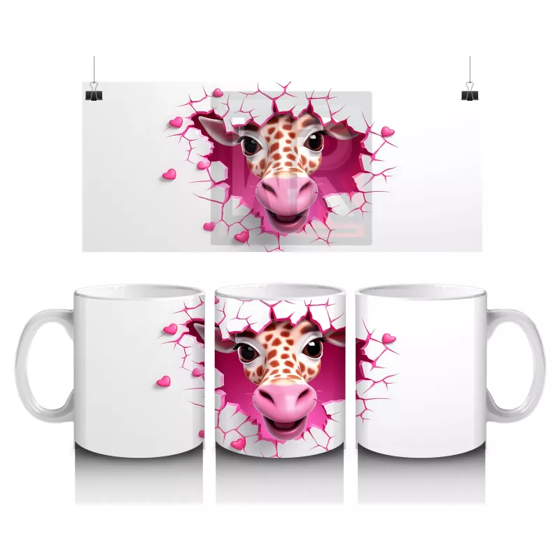 Pembe Kalplerle Süslenmiş Zürafa Maskot – Baskılı Kahve Kupası