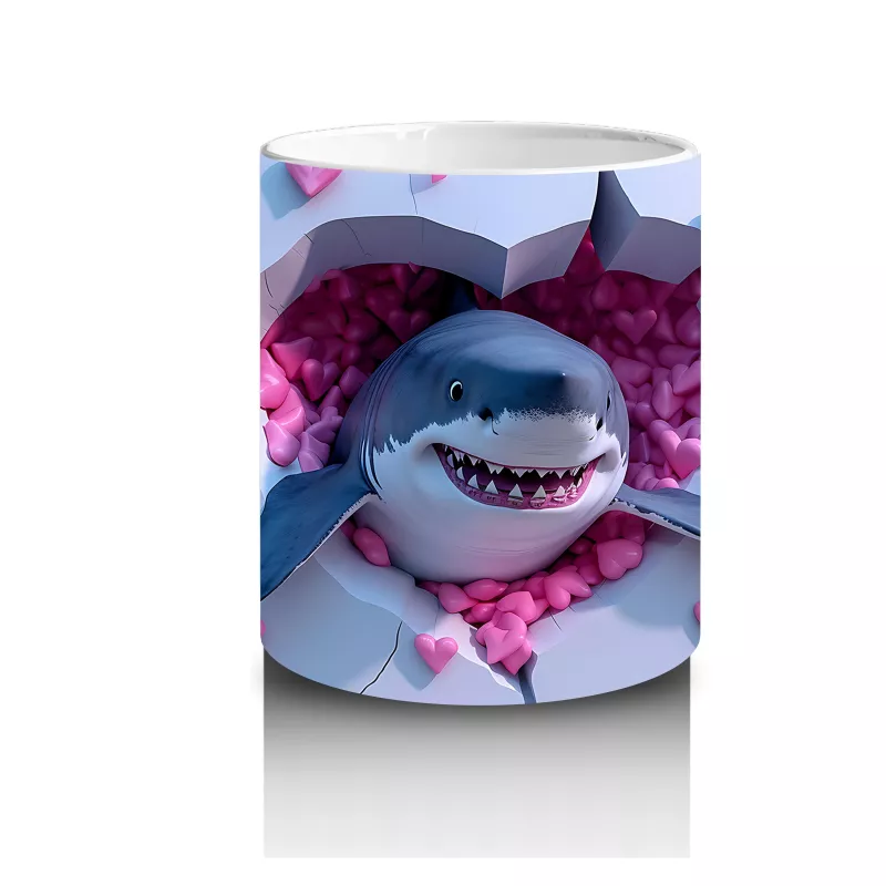 Pembe Kalpli Arka Plan Üzerinde Tatlı Mavi Köpekbalığı - Baskılı kahve kupası - 3