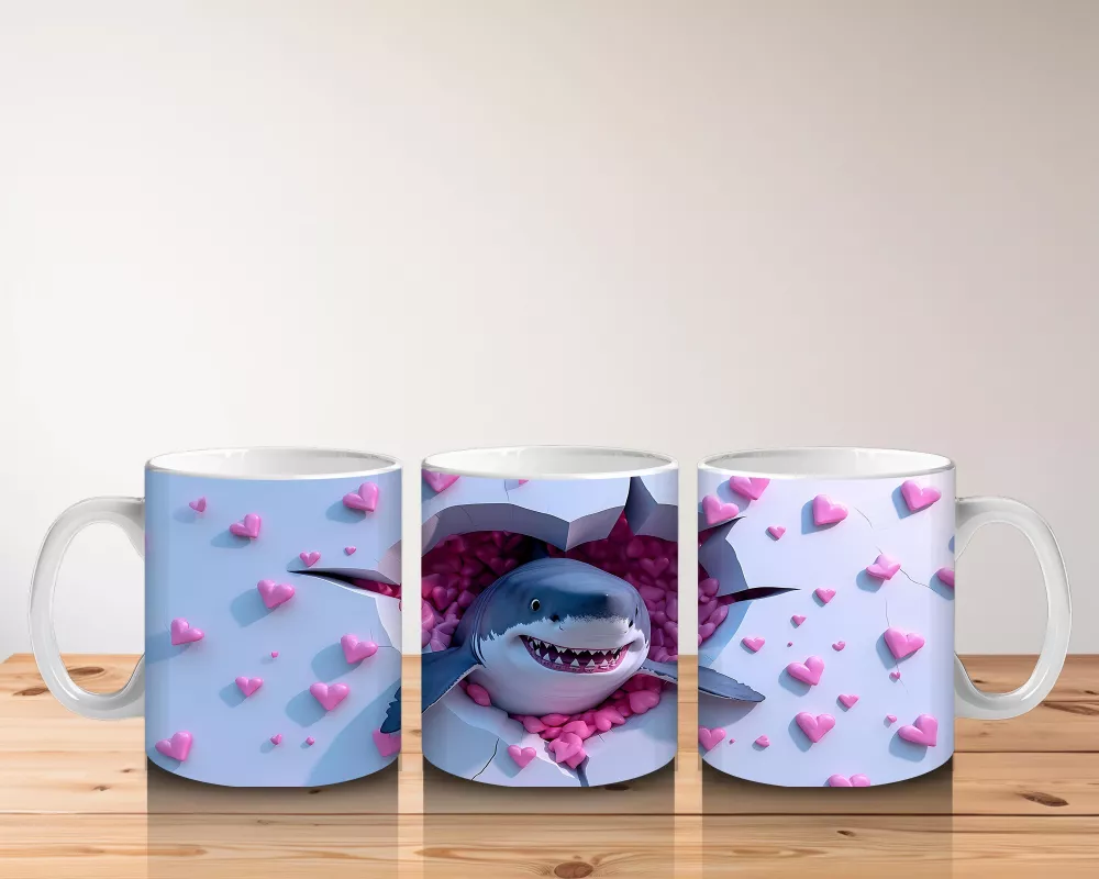 Pembe Kalpli Arka Plan Üzerinde Tatlı Mavi Köpekbalığı - Baskılı kahve kupası - 5