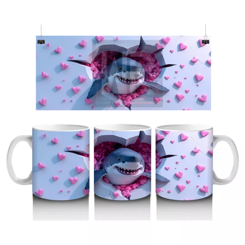 Pembe Kalpli Arka Plan Üzerinde Tatlı Mavi Köpekbalığı - Baskılı kahve kupası