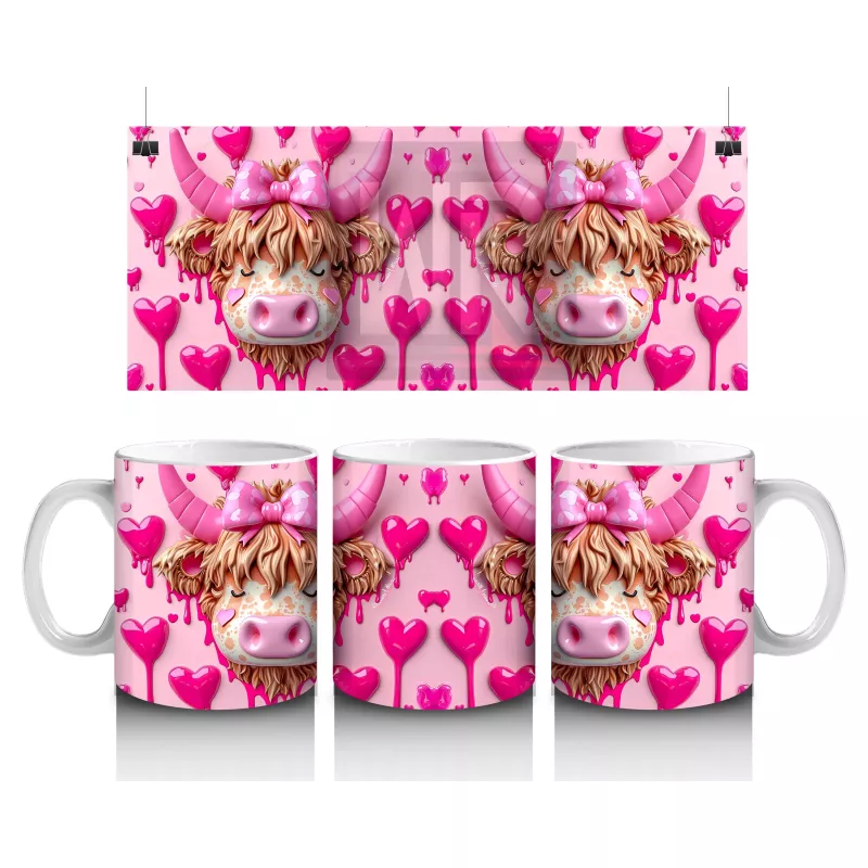 Pembe Kalpli Arka Planda Aşık Boğa Çifti – Baskılı Kahve Kupası