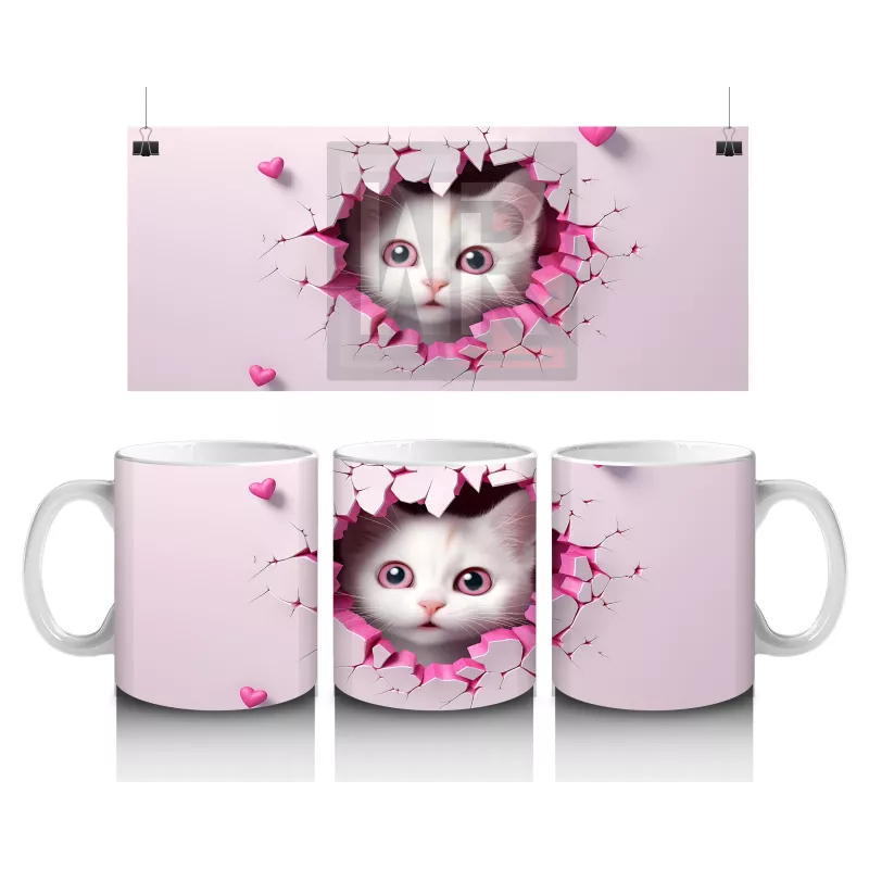 Pembe Kalpli Çatlak Duvar Arasında Tatlı Kedi – Baskılı Kahve Kupası