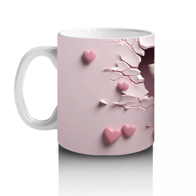 Pembe Kalpli Çatlak Duvar Arasından Bakan Beyaz Pofuduk Köpek Kupa - 2