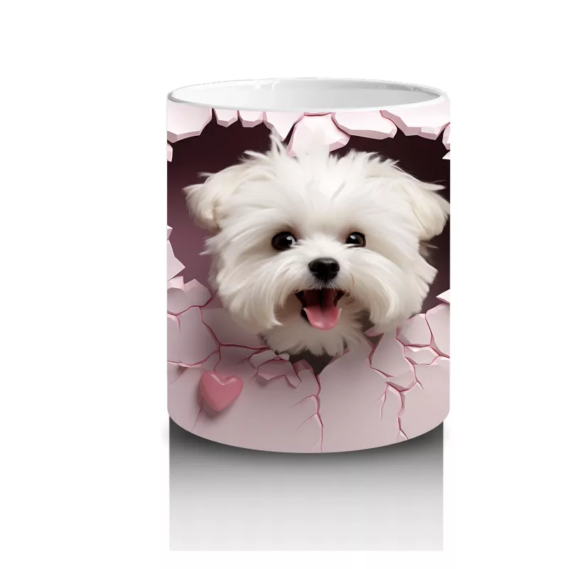 Pembe Kalpli Çatlak Duvar Arasından Bakan Beyaz Pofuduk Köpek Kupa - 3