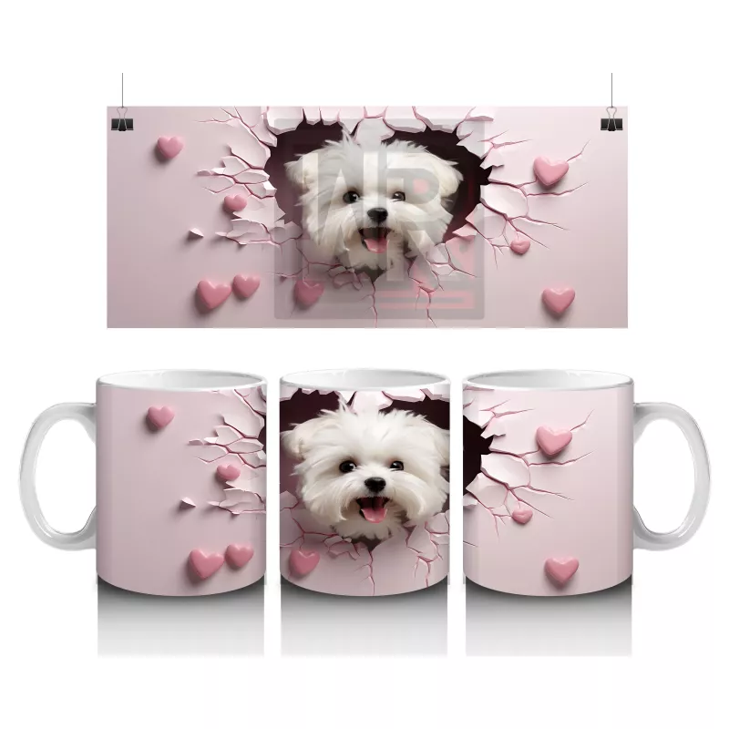 Pembe Kalpli Çatlak Duvar Arasından Bakan Beyaz Pofuduk Köpek Kupa