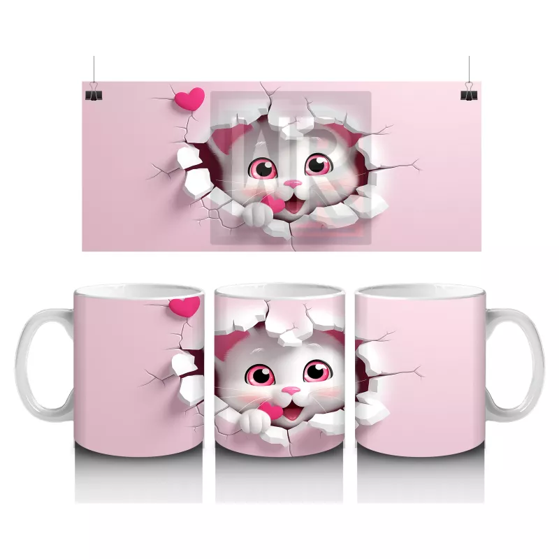 Pembe Kalpli Çatlak Duvar Arasından Bakan Sevimli Kedi Kupa