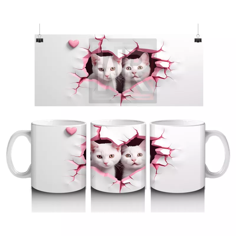 Pembe Kalpli Desende İkili Kedi Figürü – Baskılı Kupa