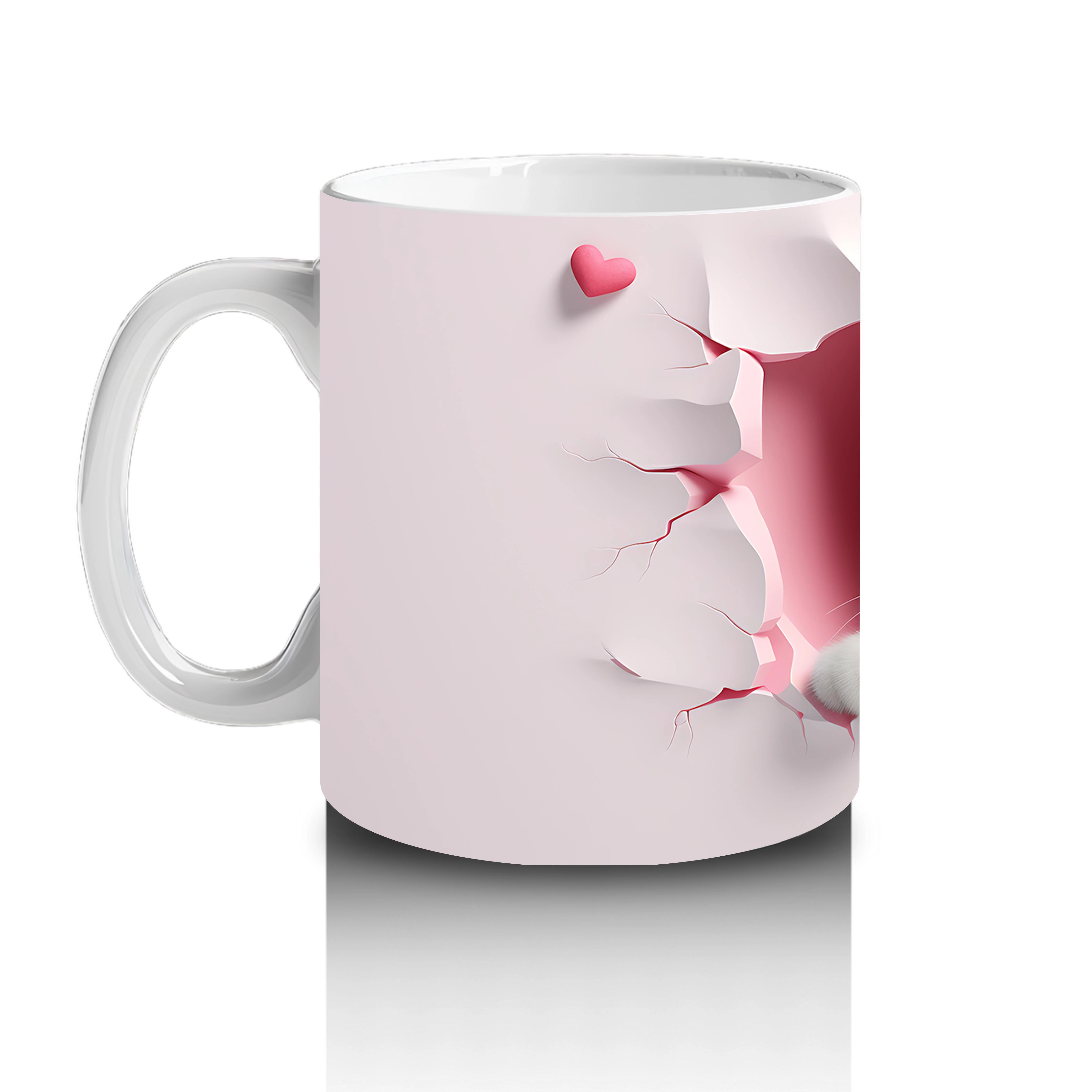 Pembe Kalpli Duvar Arasında Beyaz Kedi – Baskılı Kahve Kupası - 2