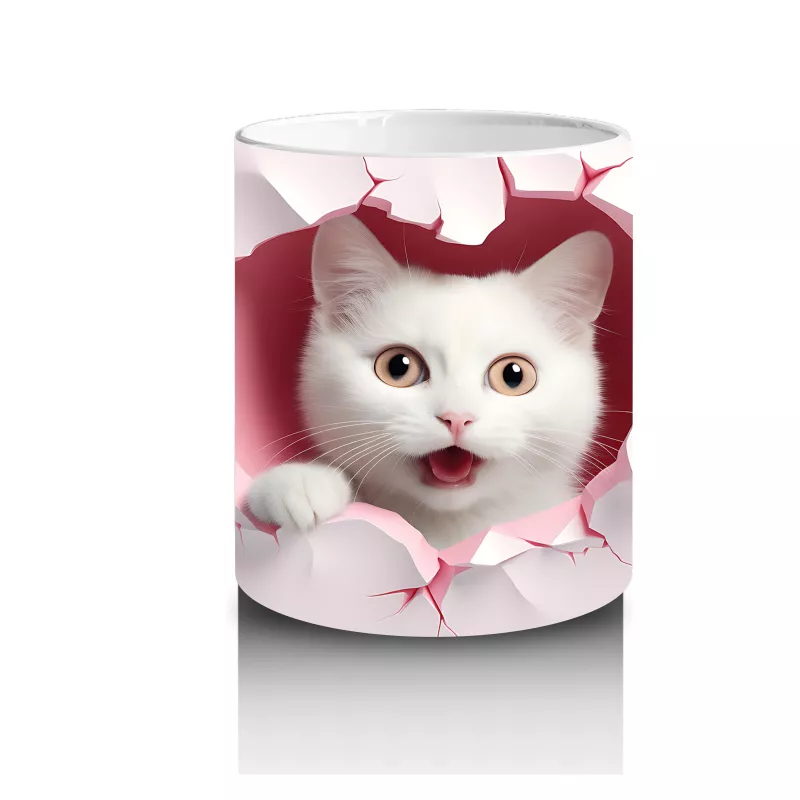 Pembe Kalpli Duvar Arasında Beyaz Kedi – Baskılı Kahve Kupası - 3