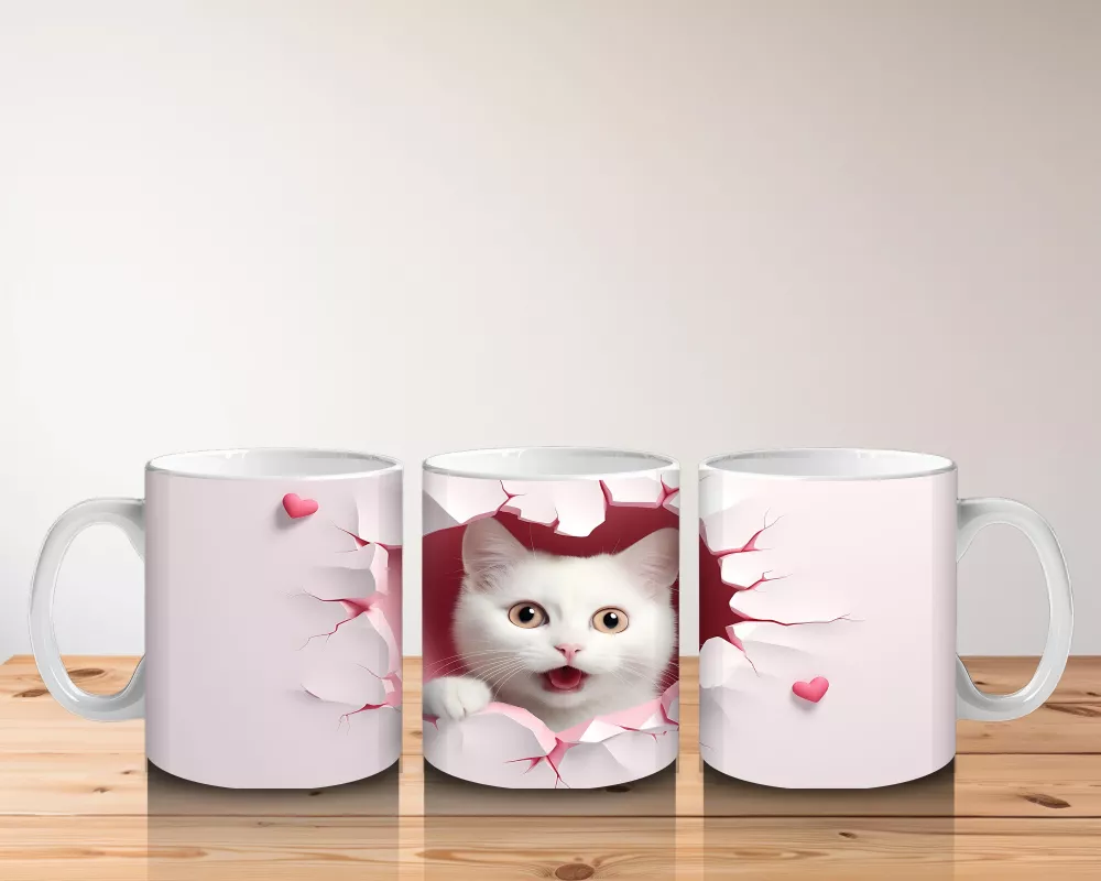 Pembe Kalpli Duvar Arasında Beyaz Kedi – Baskılı Kahve Kupası - 5