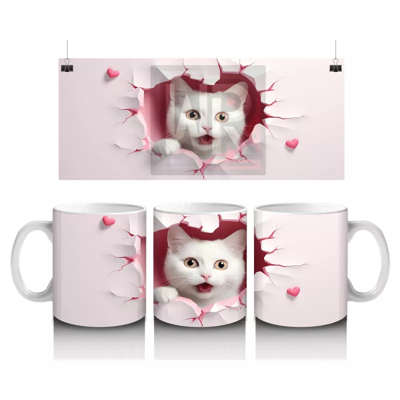 Pembe Kalpli Duvar Arasında Beyaz Kedi – Baskılı Kahve Kupası