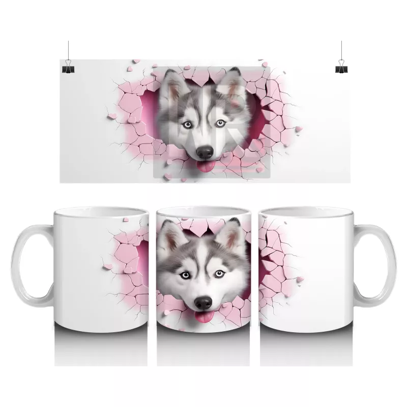 Pembe Kalpli Duvar Arasında Husky – Baskılı Kahve Kupası