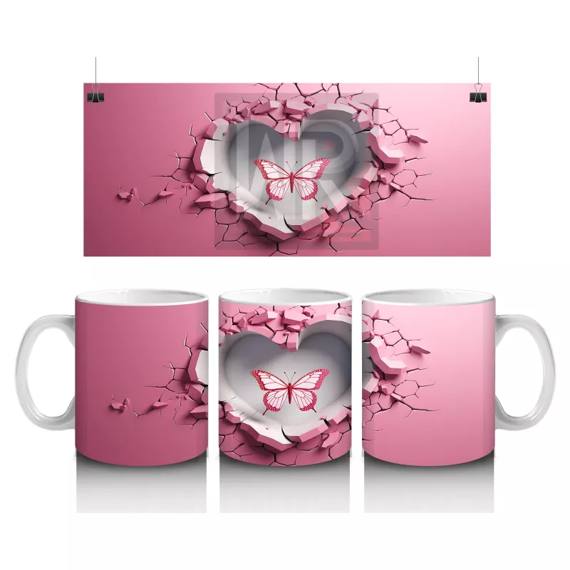 Pembe Kalpli Duvar Arasında Kelebek Figürü – Baskılı Kahve Kupası
