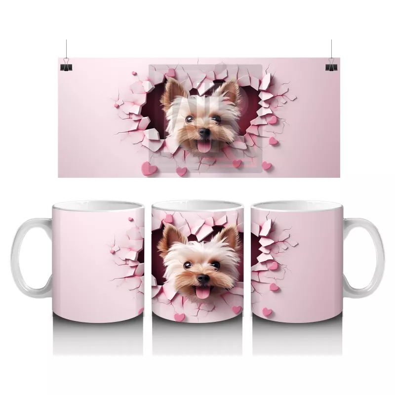 Pembe Kalpli Duvar Arasında Sevimli Yorkshire Terrier - Baskılı kahve kupası