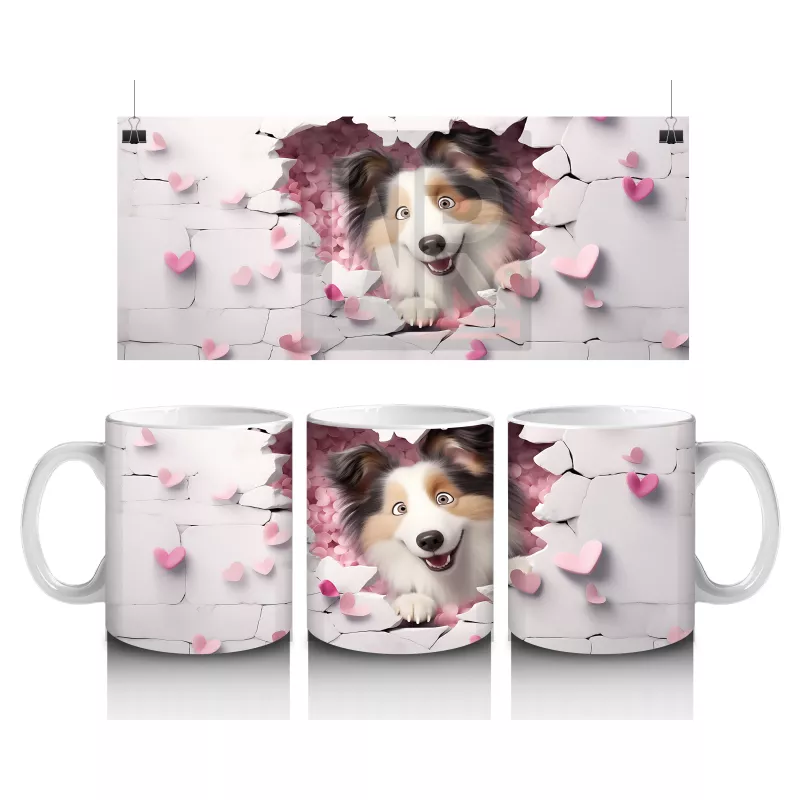 Pembe Kalpli Duvar Arasından Bakan Sheltie Cinsi Köpek - Baskılı kahve kupası