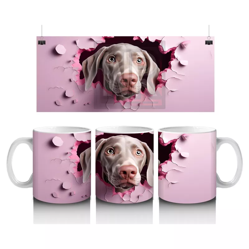 Pembe Kalpli Duvar Önünde Sevimli Köpek – Baskılı Kahve Kupası