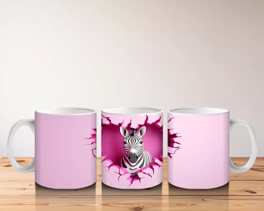 Pembe Kalpli Duvar Önünde Sevimli Zebra – Baskılı Kahve Kupası - 5