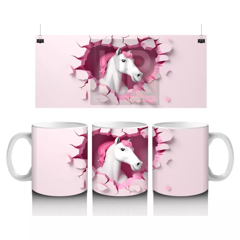 Pembe Kalpli Duvar Önünde Tek Boynuzlu At – Baskılı Kahve Kupası