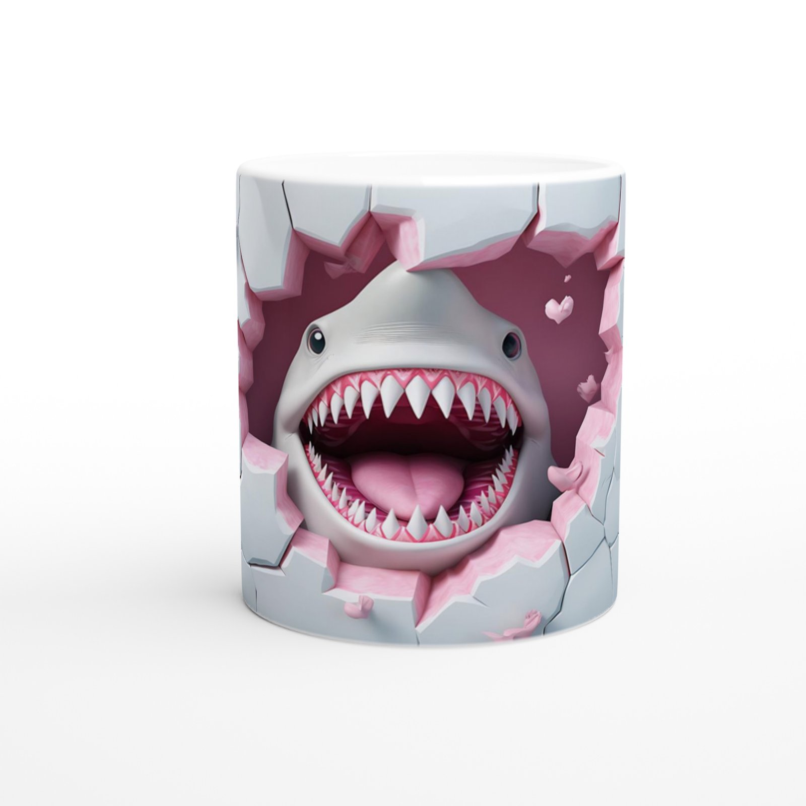 Pembe Kalpli Duvarı Parçalayan Köpekbalığı Temalı Baskılı Kupa Bardak