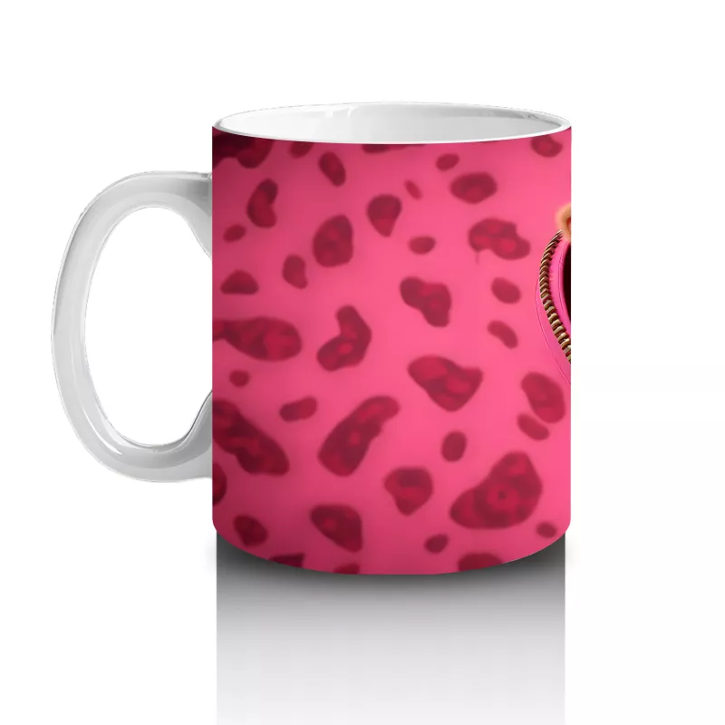 Pembe Kalpli Fon Üzerinde Kırmızı Boğa Maskotu – Baskılı Kahve Kupası - 2